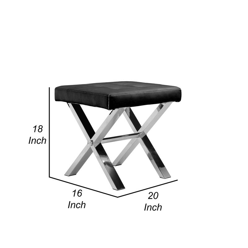 Tia 20 Inch Accent Stool Ottoman, Black Faux Leather, Polished Chrome Legs