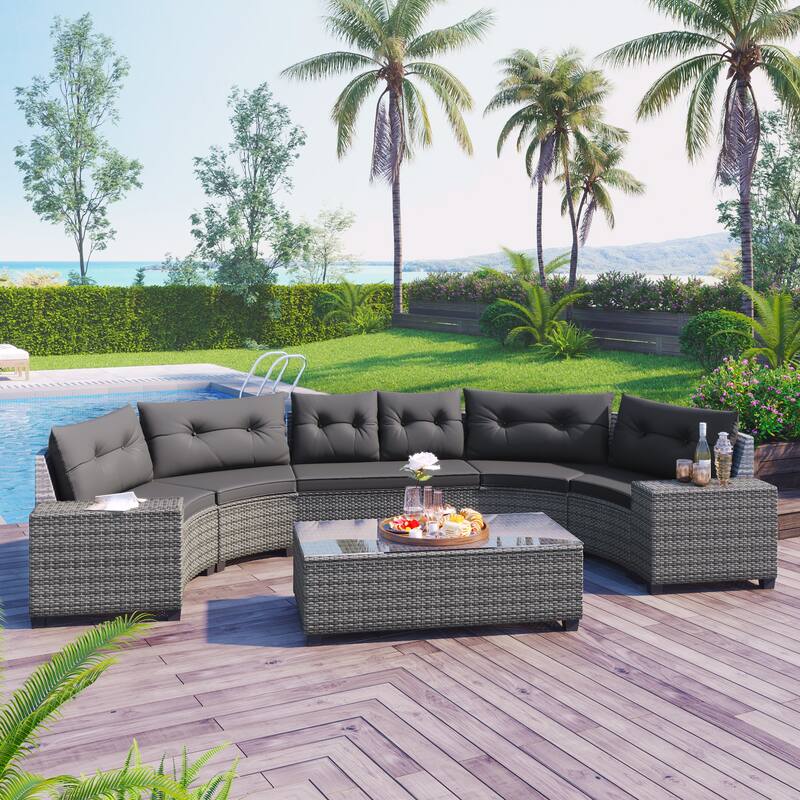 8-Piece Half-Moon Sectional Sofa Set with Rectangular Table - Gray