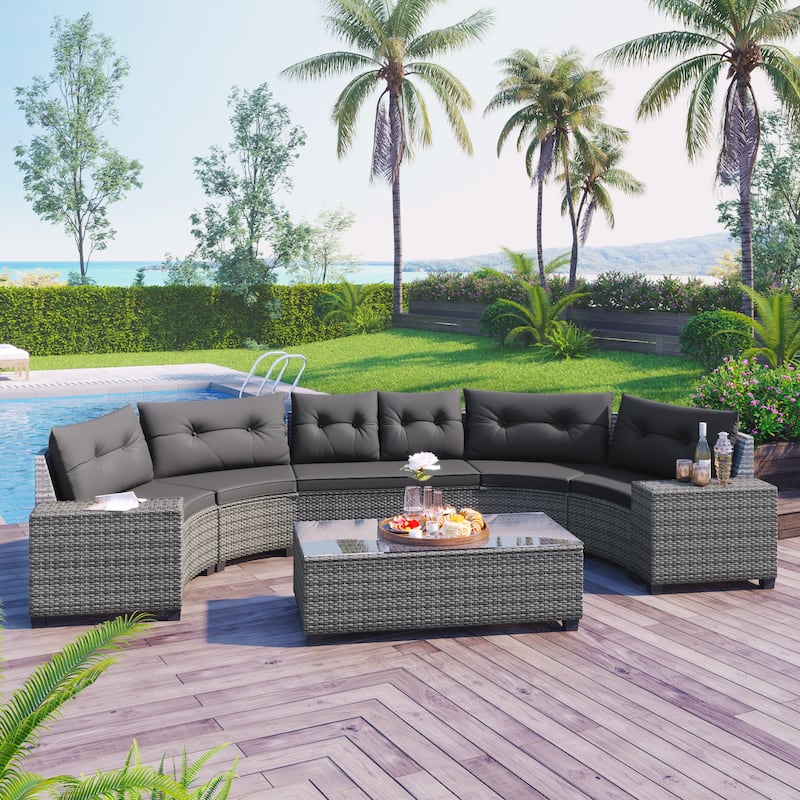 8-pieces Outdoor Wicker Round Sofa Set w/ Rectangular Coffee Table Water-resistant & UV Protected, Movable Cushion, Gray - Grey