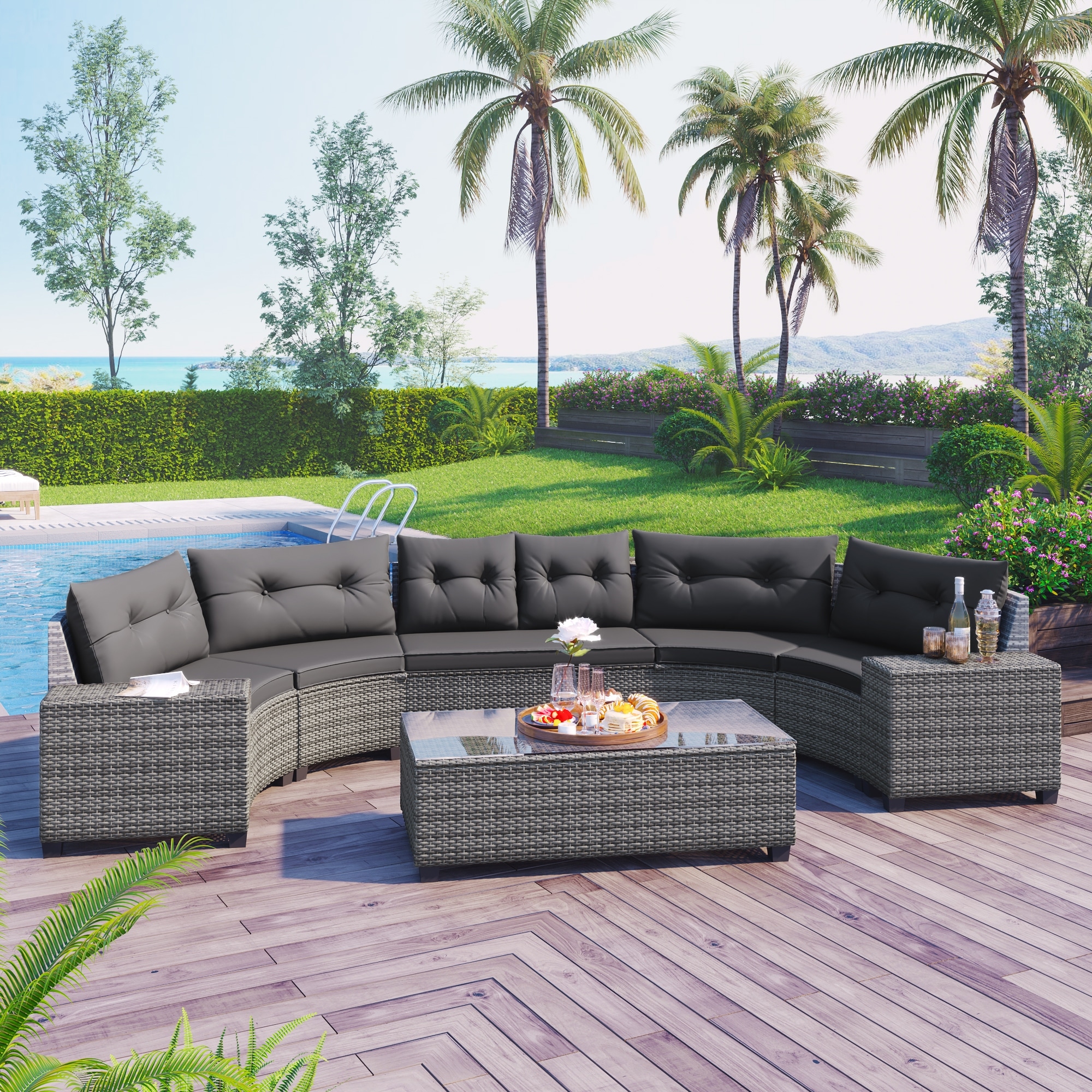 Roomfitters 8-Piece Half Moon Curved Outdoor Sectional Sofa Set, Grey PE Rattan Wicker Patio Furniture with Coffee Table, Gray
