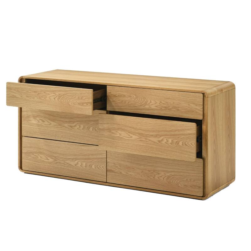 Aki 59 Inch Wide Dresser, 6 Drawers, Natural Brown Rubberwood and Veneer