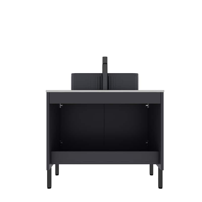 Black Ceramic Sink Bathroom Vanity with Soft-Close Doors, Wood Cabinet
