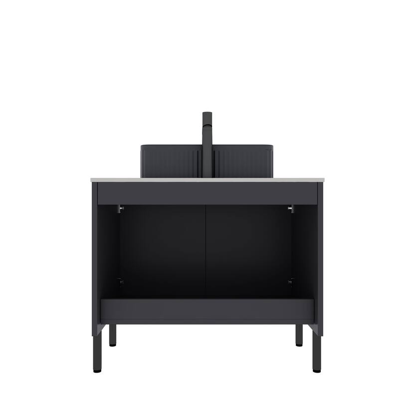Freestanding Bathroom Vanity with Vertical Stripe Design and Soft-Close Doors, Ceramic Basin with Curved Edges