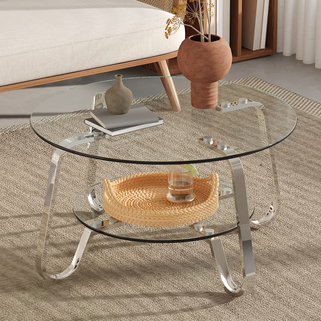 Retro Metal Frame Coffee Table with Double Layer Tempered Glass Minimalist Design