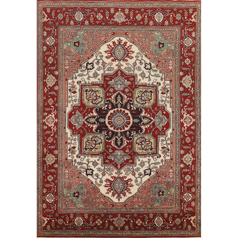 Hand Knotted Oriental 100% Wool Carpet Traditional Medallion Beige & Ivories Heriz (serapi) Area Rug - 12' 2'' X 8' 9''