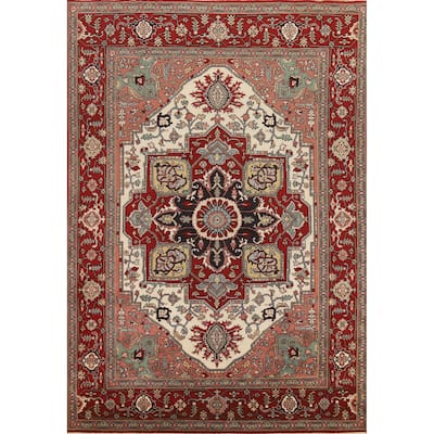 Hand Knotted Oriental 100% Wool Carpet Traditional Medallion Beige & Ivories Heriz (serapi) Area Rug - 12' 2'' X 8' 9''