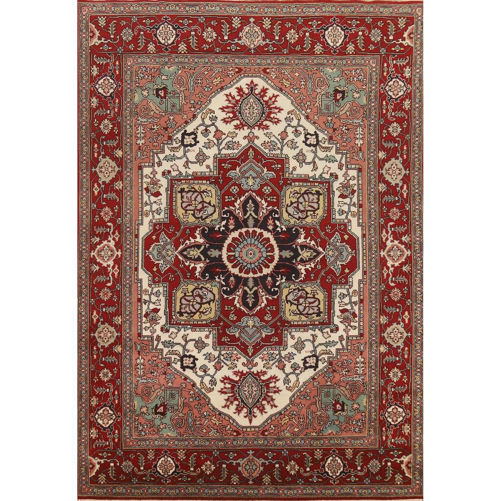 Hand Knotted Oriental 100% Wool Carpet Traditional Medallion Beige & Ivories Heriz (serapi) Area Rug - 12' 2'' X 8' 9''