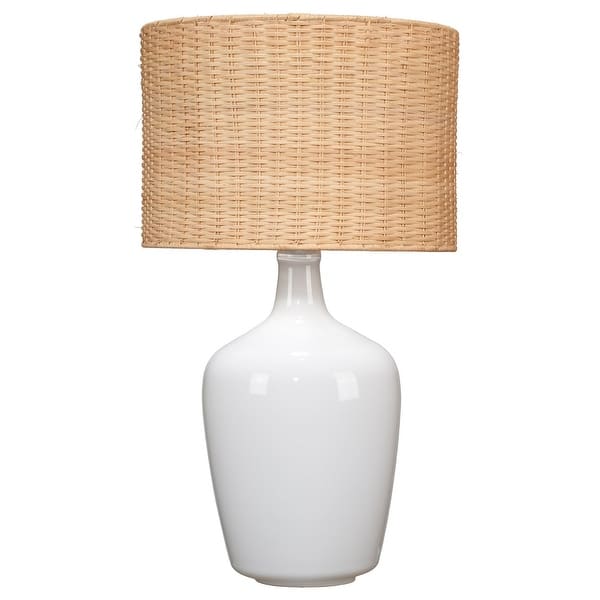 30 Inch Contemporary Glass Plum Jar Table Lamp, Rattan Shade, White