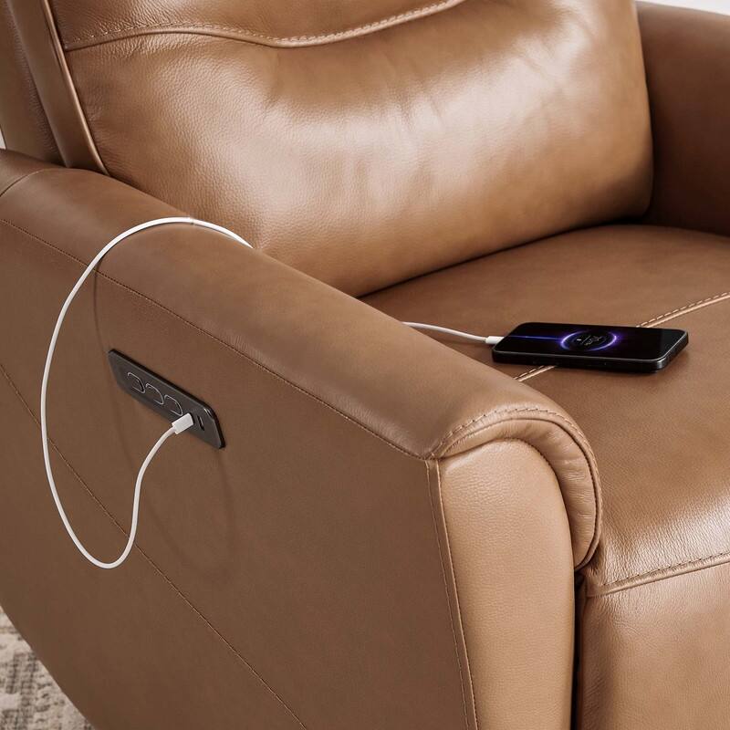 Spruce & Spring Genuine Leather Swivel Glider Recliner with Power Lumbar Support