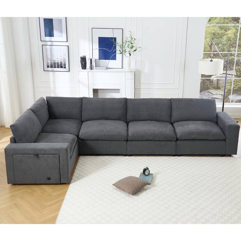 141.5" Linen Modular L-Shaped Sectional Sofa with Charging