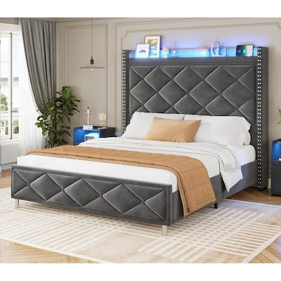 LED Bed Frame with 51.2" Tall Headboard Charging Station