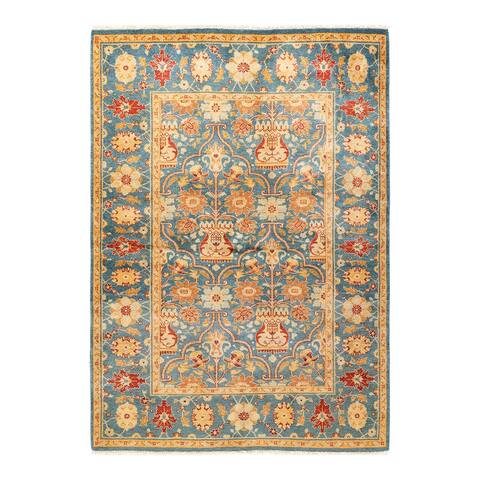 Overton Eclectic One-of-a-Kind Hand-Knotted Area Rug - Light Blue, 4' 2" x 5' 10" - 4' 2" x 5' 10"