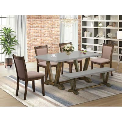 HomeStock 6-Piece Rectangle Distressed Jacobean Finish Solid Wood Top Dining Table with 1-Bench, 4-Chairs