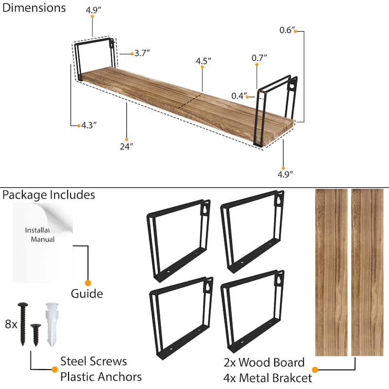 Wallniture Avila 24x4.5" Kitchen Wall Shelves, Natural Burned,Set of 4