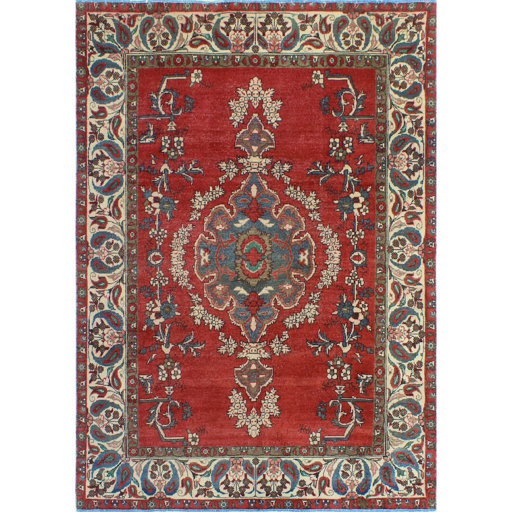 Vintage Distressed Wahida Red/Ivory Rug - 6'8" x 9'9"