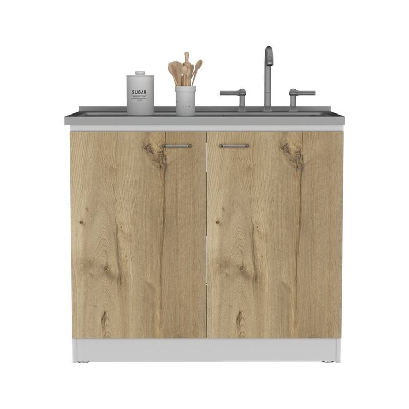 Freestanding Sink Cabinet with Double Doors and Two Shelves, White / Black, Practical Design, Stainless Steel