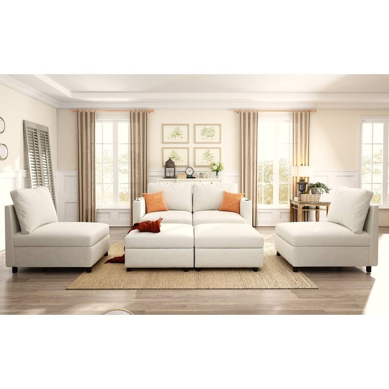 Modern U-Shape 6-Seater Sectional Sofa Bed with Storage Ottomans, Chenille Fabric
