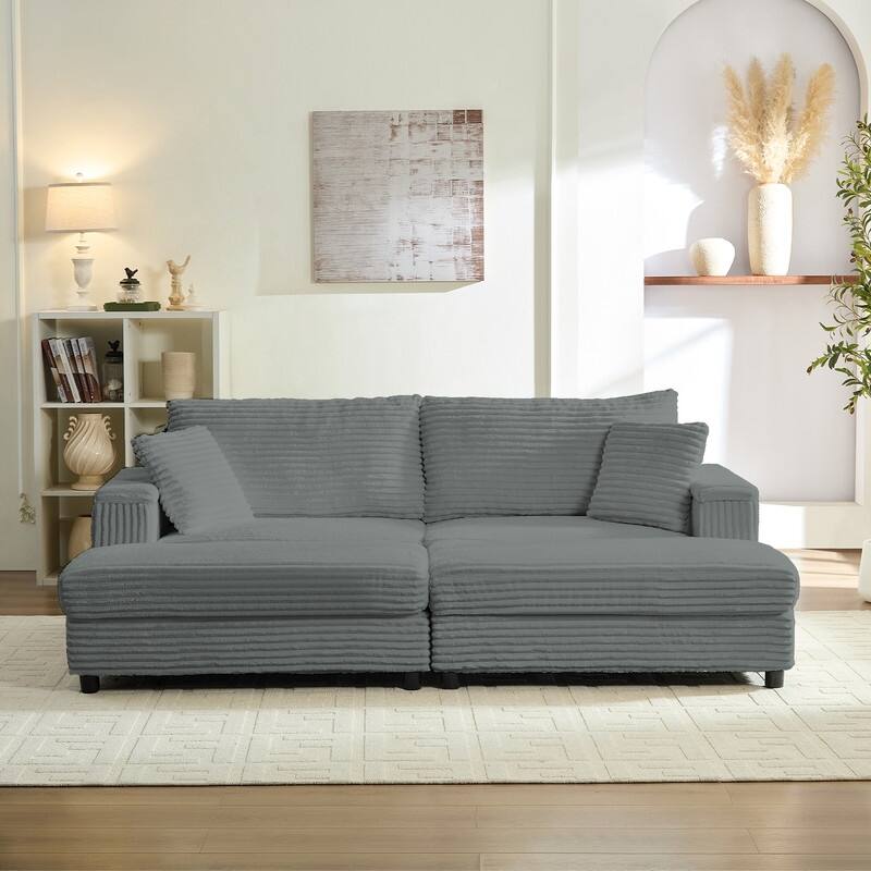 Mixoy 85‘’Corduroy Loveseat Chaise Lounge with Storage Ottoman&Armrests,Upholstered 2-Seater Sleeper Reclining Chair Indoor