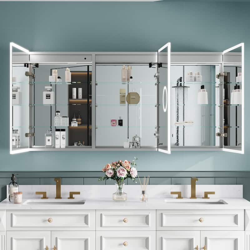 30'' H Recessed or Surface Frameless LED Mirror Cabinet With Defogger, Dimmer, Outlets & USB Ports  - 60"W X30"H,Three Doors Open