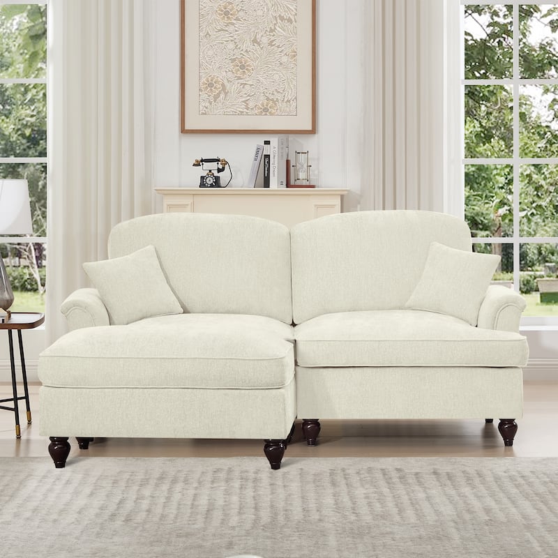 76.4" L Shaped 2-Seat Sectional Sofa, Chenille Couch with Ottoman, Flared Arms Loveseat with Removable Ruffles Pleats Skirts - Beige+White