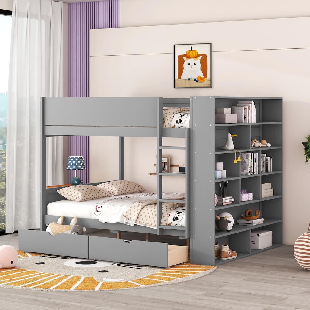 Full over Full Bunk Bed with Drawers and Cabinet, Space-Saving Design, Gray