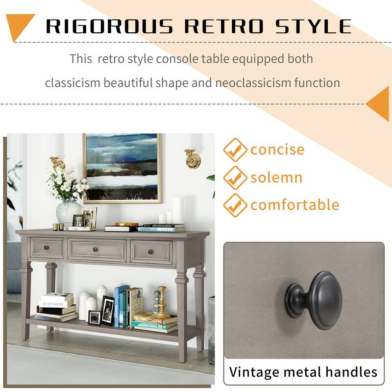 Solid Wood Living Room Console Table, Classic Retro Storage Entryway Sofa Table with 3 Top Drawers and Open Bottom Shelf