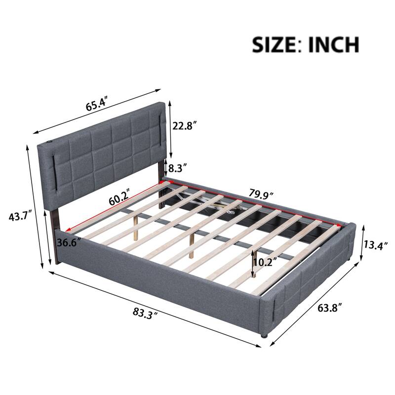 Queen Size Upholstered Bed with Hydraulic Storage System and LED Light