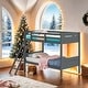 preview thumbnail 1 of 6, Modern Rubberwood Twin-over-Twin Bunk Bed with Angled Ladder, Guardrails, and Convertible Design, Grey Grey