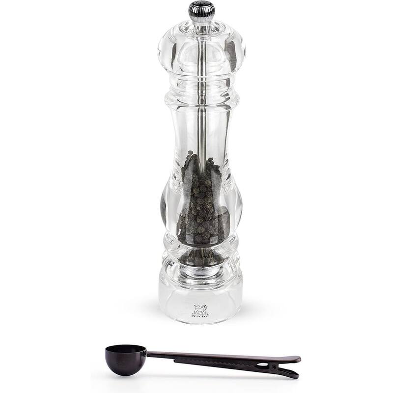 Peugeot - Nancy Acrylic Manual Pepper Mill - Transparent Adjustable Grinder Gift Set- With Stainless Steel Spice Scoop/Bag Clip - Clear - 2 Piece