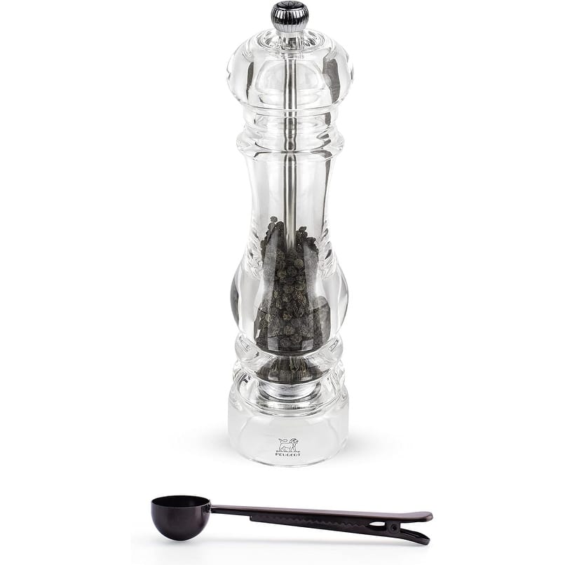 Peugeot - Nancy Acrylic Manual Pepper Mill - Transparent Adjustable Grinder Gift Set- With Stainless Steel Spice Scoop/Bag Clip