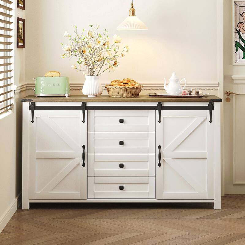Sideboard with Storage,Farmhouse Storage Cabinet with Sliding Barn Doors and 4 Drawers - White