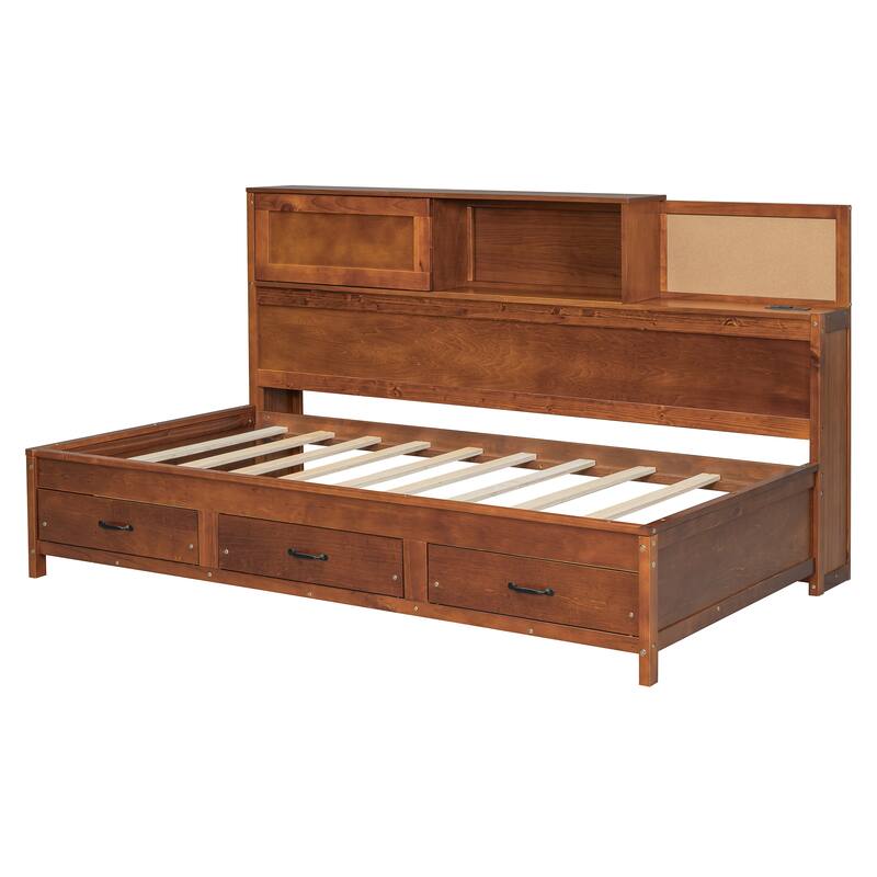 Full Size Wooden Daybed with 3 Storage Drawers, USB Ports, Pushable Shelf, and Soft Headboard
