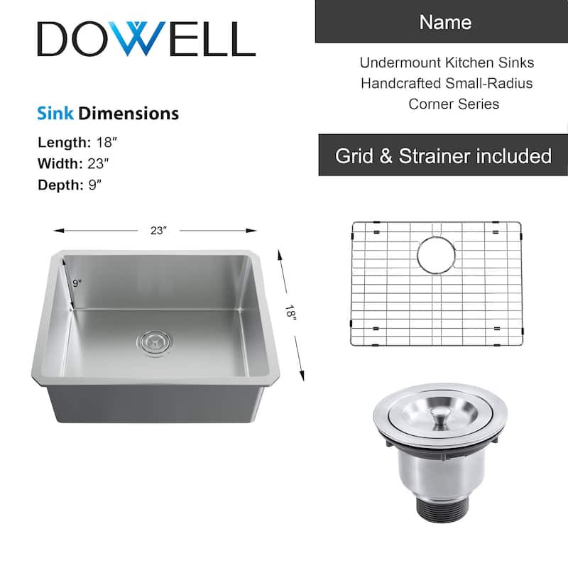 Dowell Undermount Single Bowl Stainless Steel Kitchen Sink - Small Radius Corners