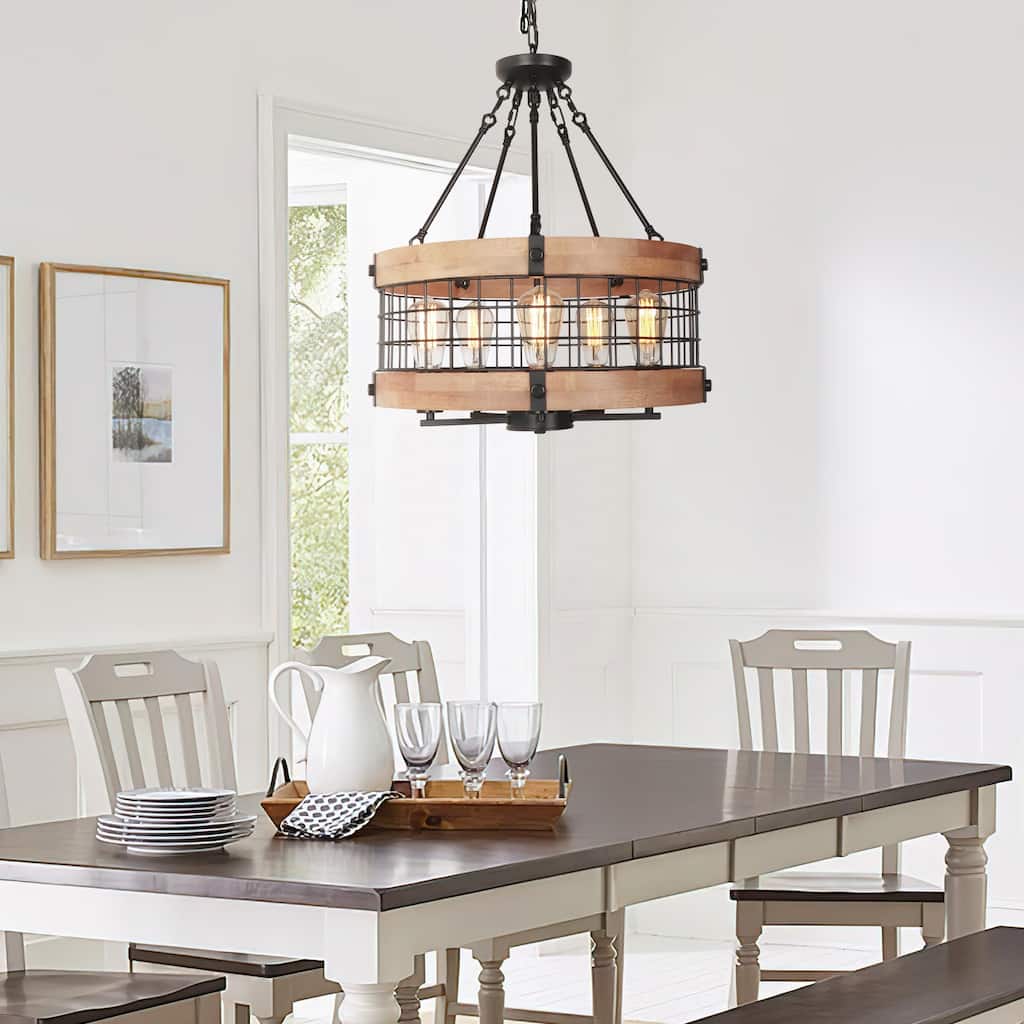Anmytek Modern Farmhouse 5-Light Wood Cage Chandelier Drum Pendant Lights for Dining Room - 19.6" D x 22.3" H