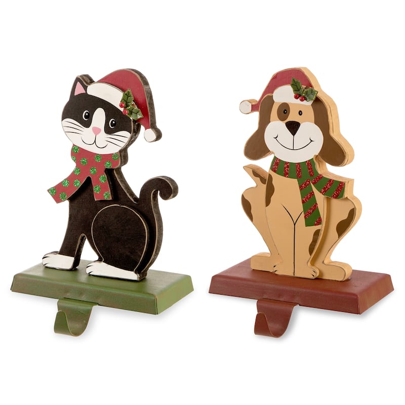 Glitzhome 7.75" H Christmas Wooden/Metal Animal Stocking Holder, Dog, Cat for Mantel Ornament - 7.50"h