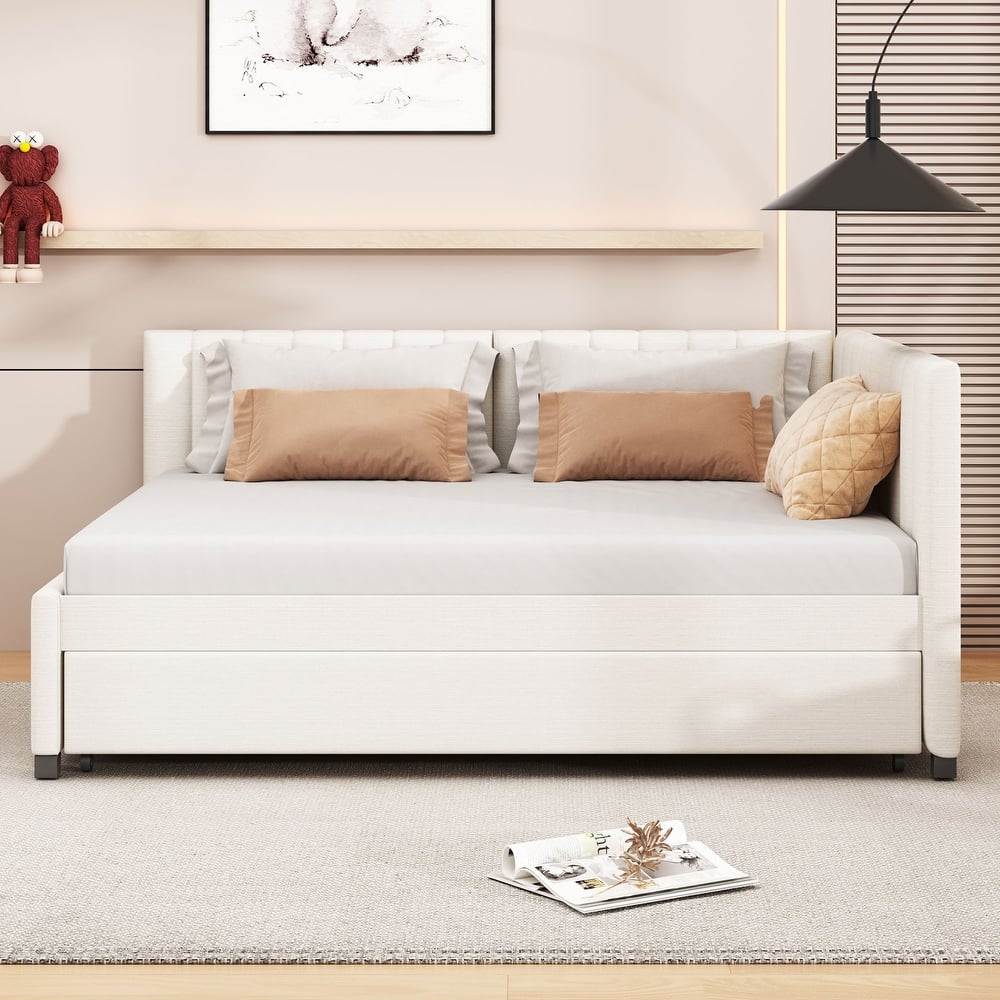 Full Size Upholstered Daybed with Trundle, Classic Linen Fabric Sofa Bed Frame, Wood Slats Support, No Box Spring Needed