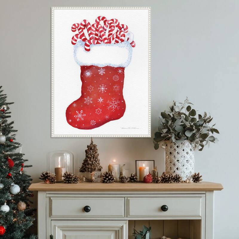 Candy Cane Stocking by Kathleen Parr McKenna (23 x 30 in.), Framed Canvas Wall Art Print - Sylvie Beaded White