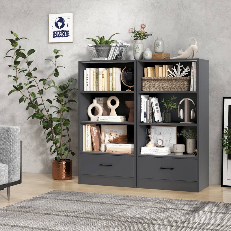 48 Inch Tall 4 Tiers Wood Bookcase with Drawer - 24" x 15" x 48"