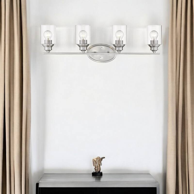 4-Light Silver Wall Vanity Fixture with Clear Glass Shades and Dimmable Damp Location Rated - 9.88" H x 31" W x 5.75" D
