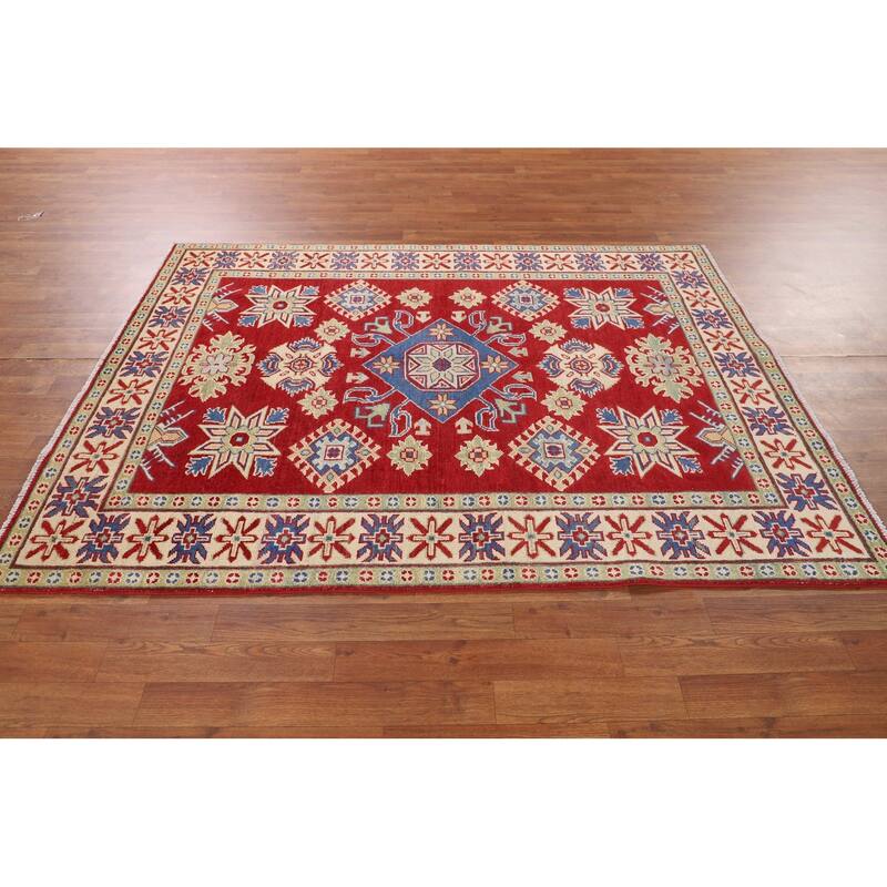 Red Geometric Kazak Oriental Area Rug Handmade Traditional Wool Carpet - 4'11" x 6'6"