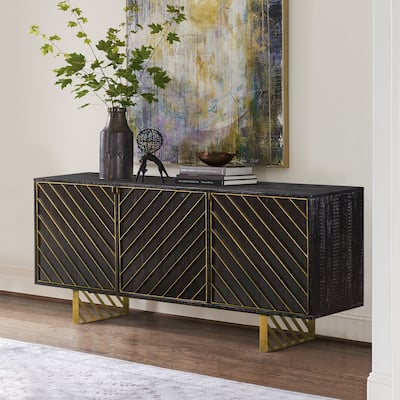 Monaco Black Wood and Brass Sideboard Buffet Console Cabinet with Doors