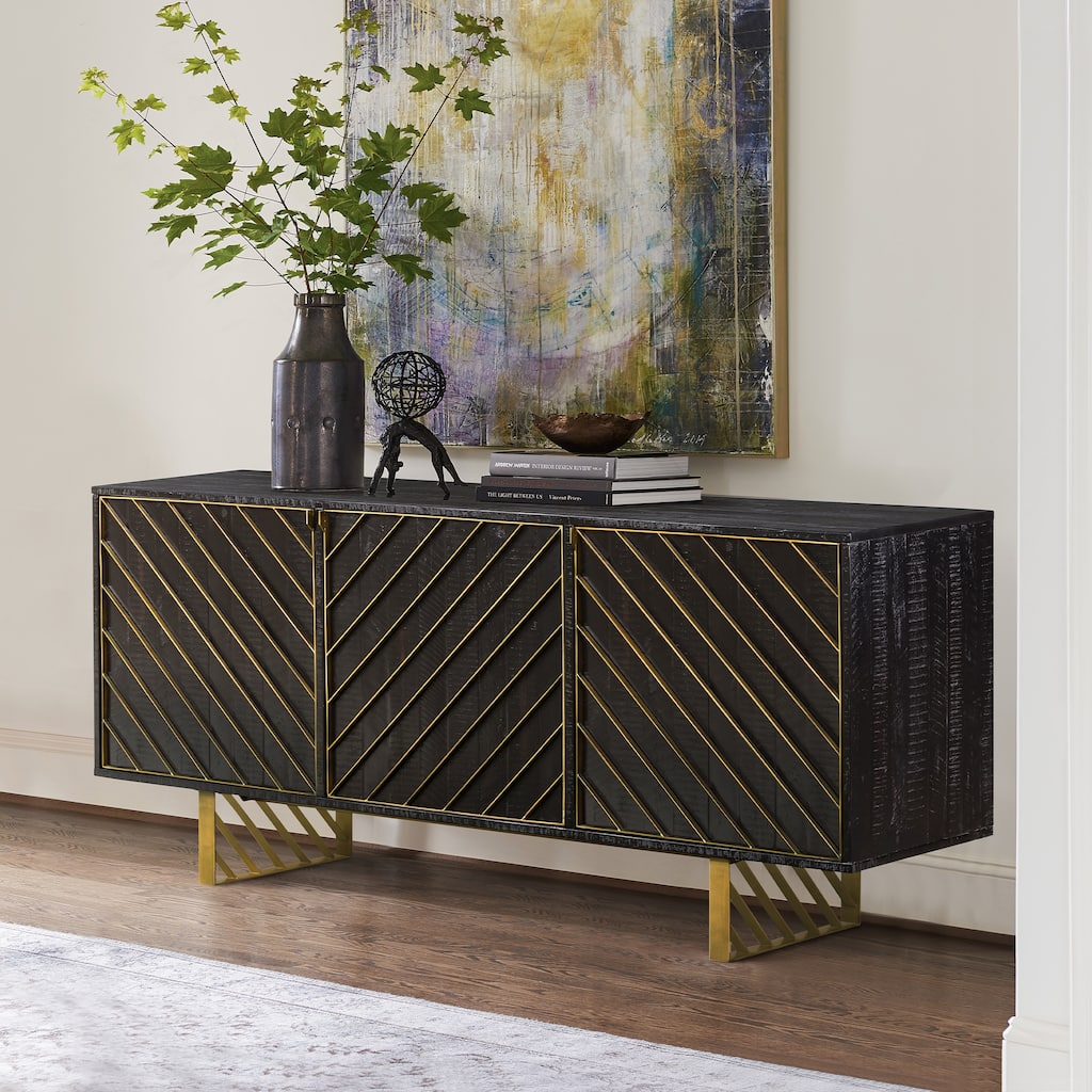 Monaco Black Wood and Brass Sideboard Buffet Console Cabinet with Doors