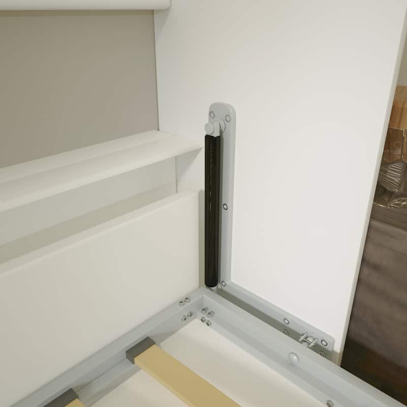 Modern Full Size Vertical Murphy Bed with Shelf and Drawers, White Space-Saving Wall Bed for Bedroom or Guestroom