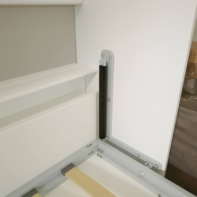 White Full Size Murphy Bed with Storage Shelves and Drawers - Vertical Wall Bed with Gas Struts