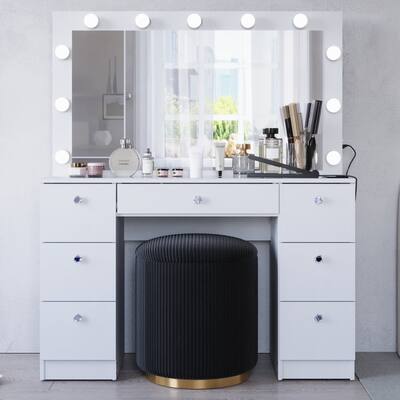 Boahaus Wren Makeup Vanity with Bluetooth Speaker, Glass Top, 7 Drawers