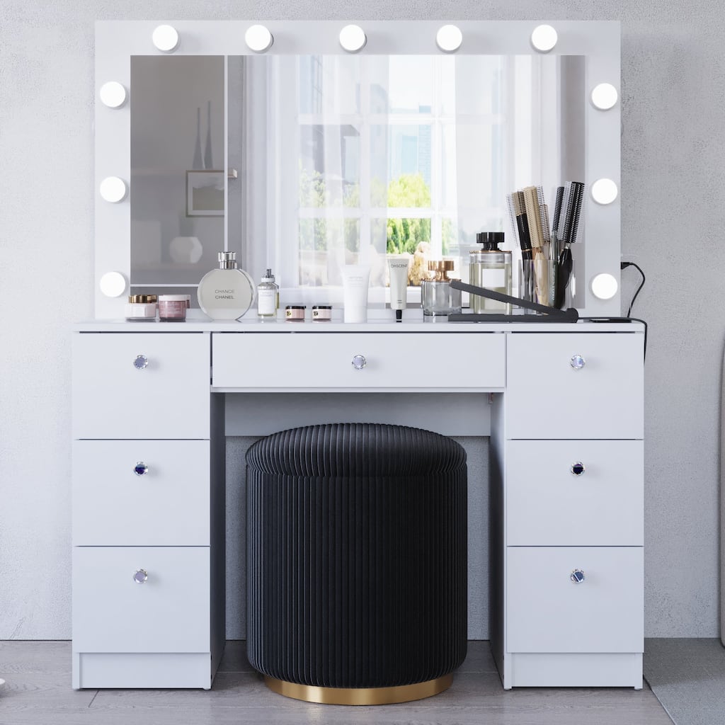 Boahaus Wren Makeup Vanity with Bluetooth Speaker, Glass Top, 7 Drawers