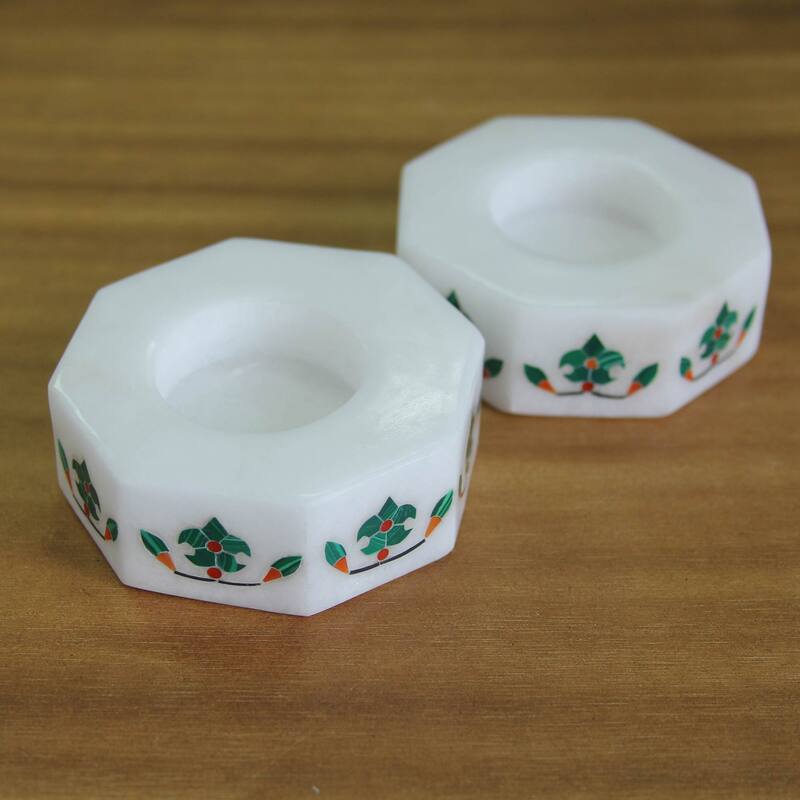 Novica Handmade Floral Alliance In Green Marble Tealight Holders (Pair)