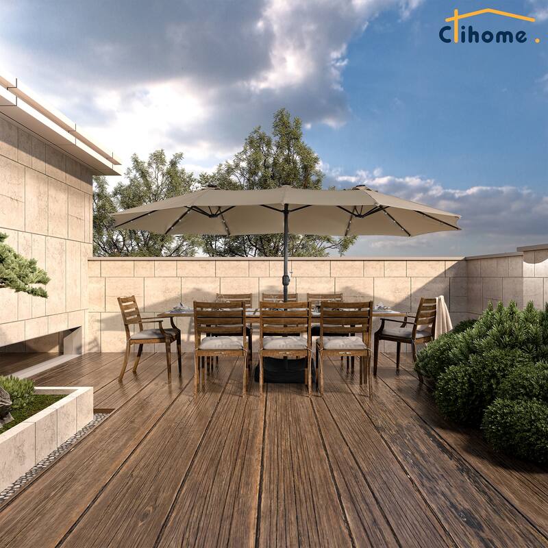 Clihome 15FT Double-Sided Solar Light Market Crank Umbrella with Base