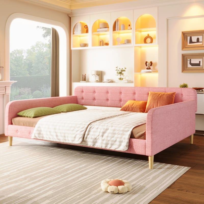 Queen Size Linen Upholstered Daybed with 4 Support Legs