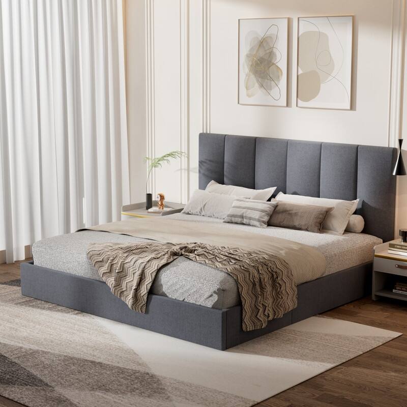 Modern Upholstered Lift-Up Storage Platform Bed with Headboard - Grey - King
